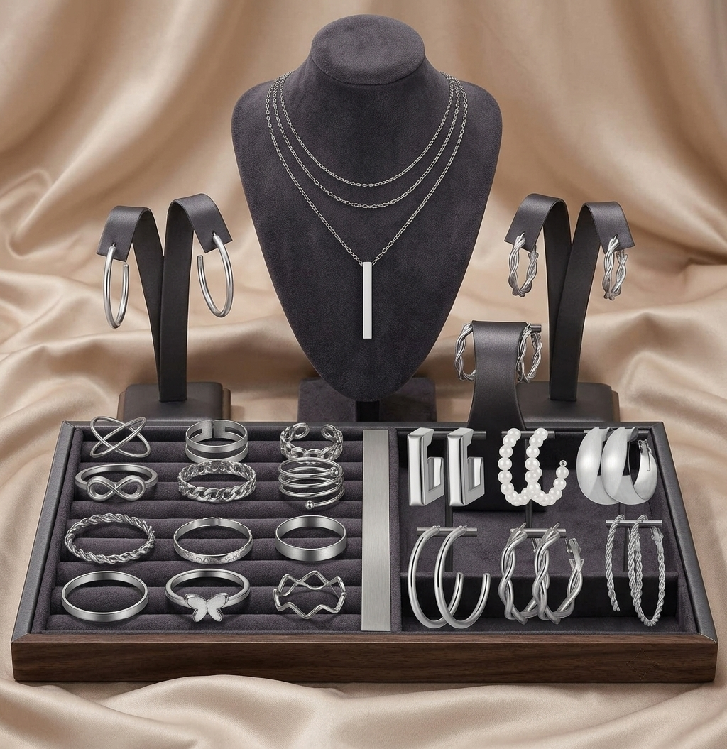Silver-Tone Necklace, Ring & Earrings Jewelry Set