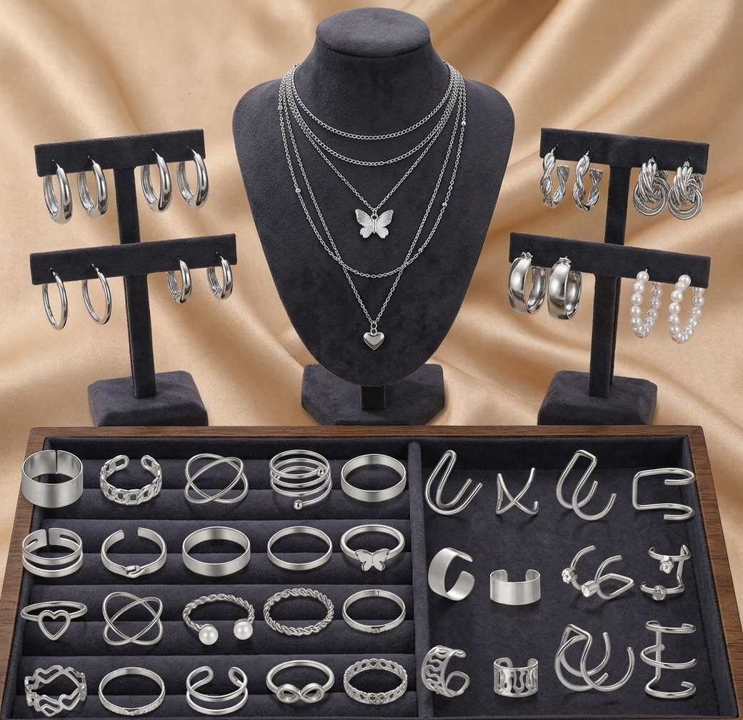 Silver-Tone Necklace, Ring & Earrings Jewelry Set
