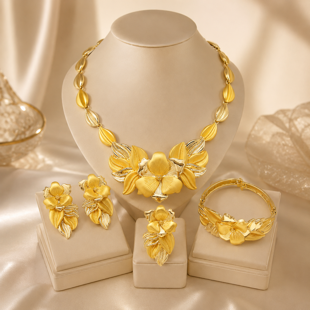 Gold-Plated Bud Pendant Jewelry Set (4-Piece)