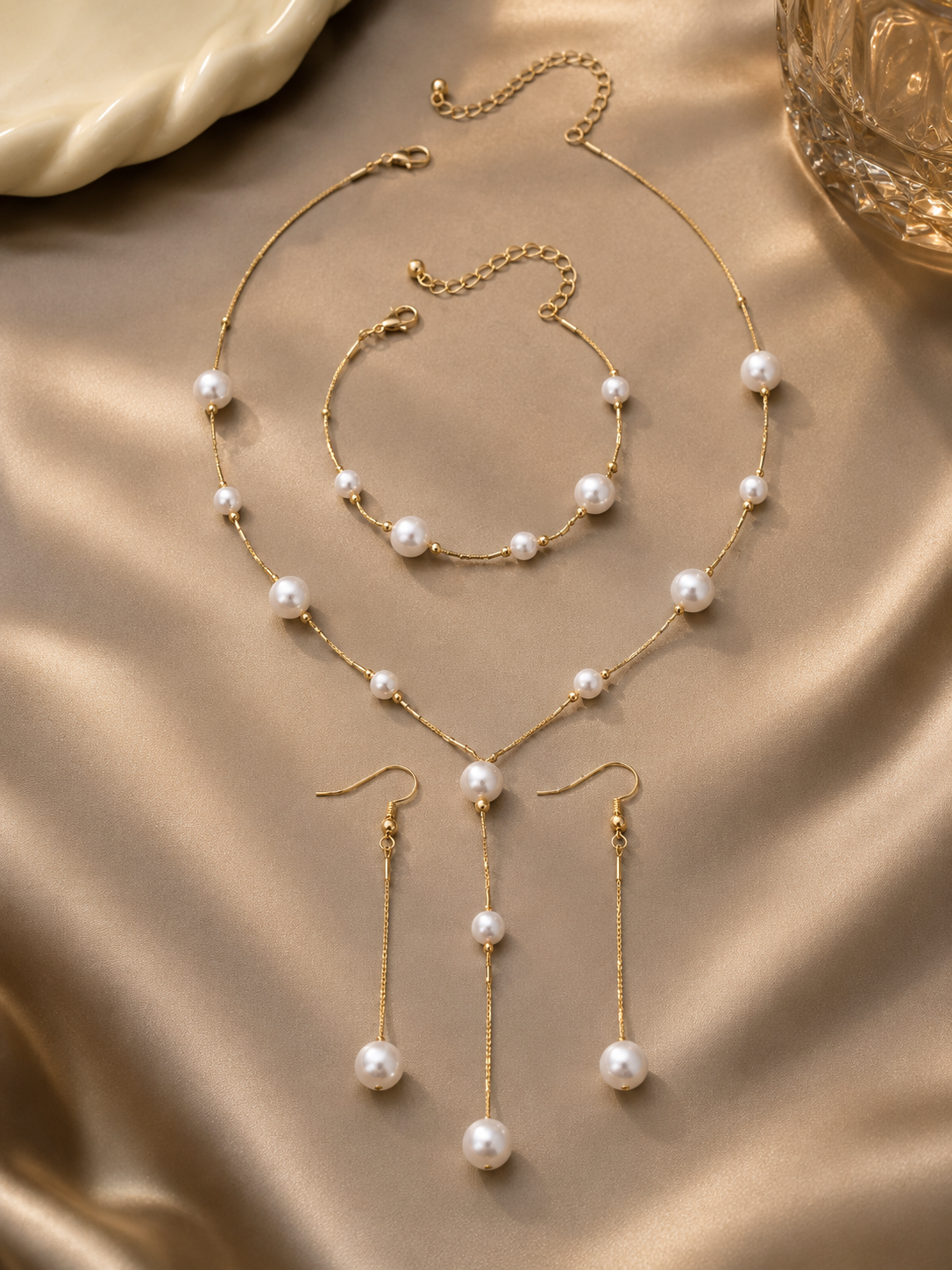 Imitation Pearl Necklace, Bracelet & Earrings Set