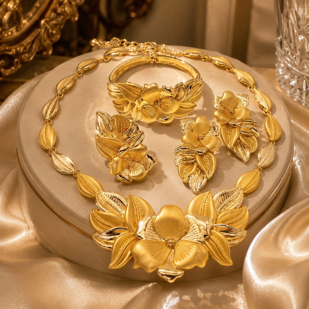 Gold-Plated Bud Pendant Jewelry Set (4-Piece)