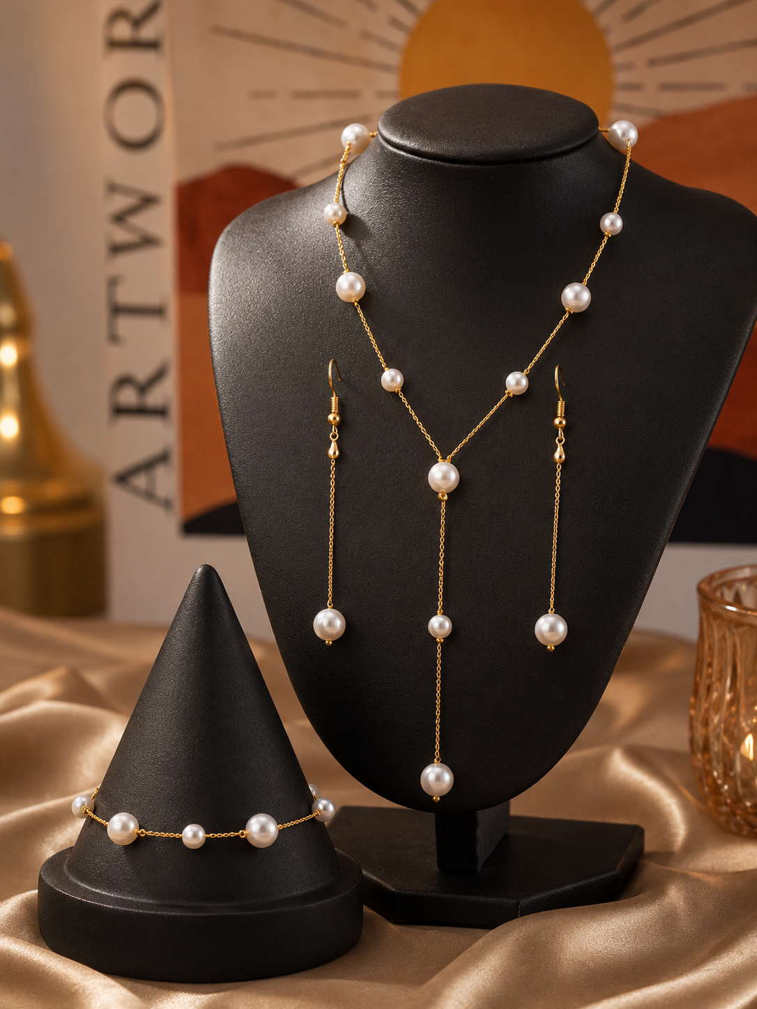 Imitation Pearl Necklace, Bracelet & Earrings Set