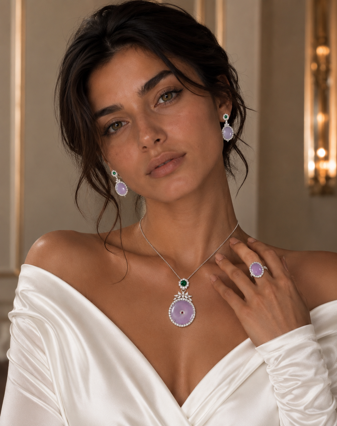 Women's Necklace Bracelet Ring Set with Chalcedony Set of Three