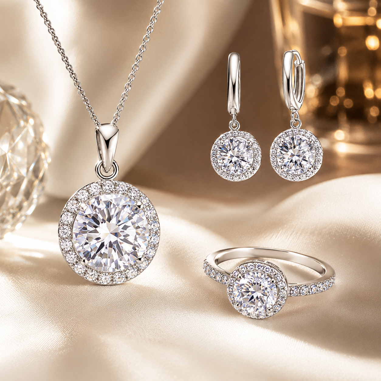 Women Wedding Necklace Earrings Ring Bridal Jewelry Sets Fashion Trendy 925 Sterling Silver CZ Crystal Wholesale
