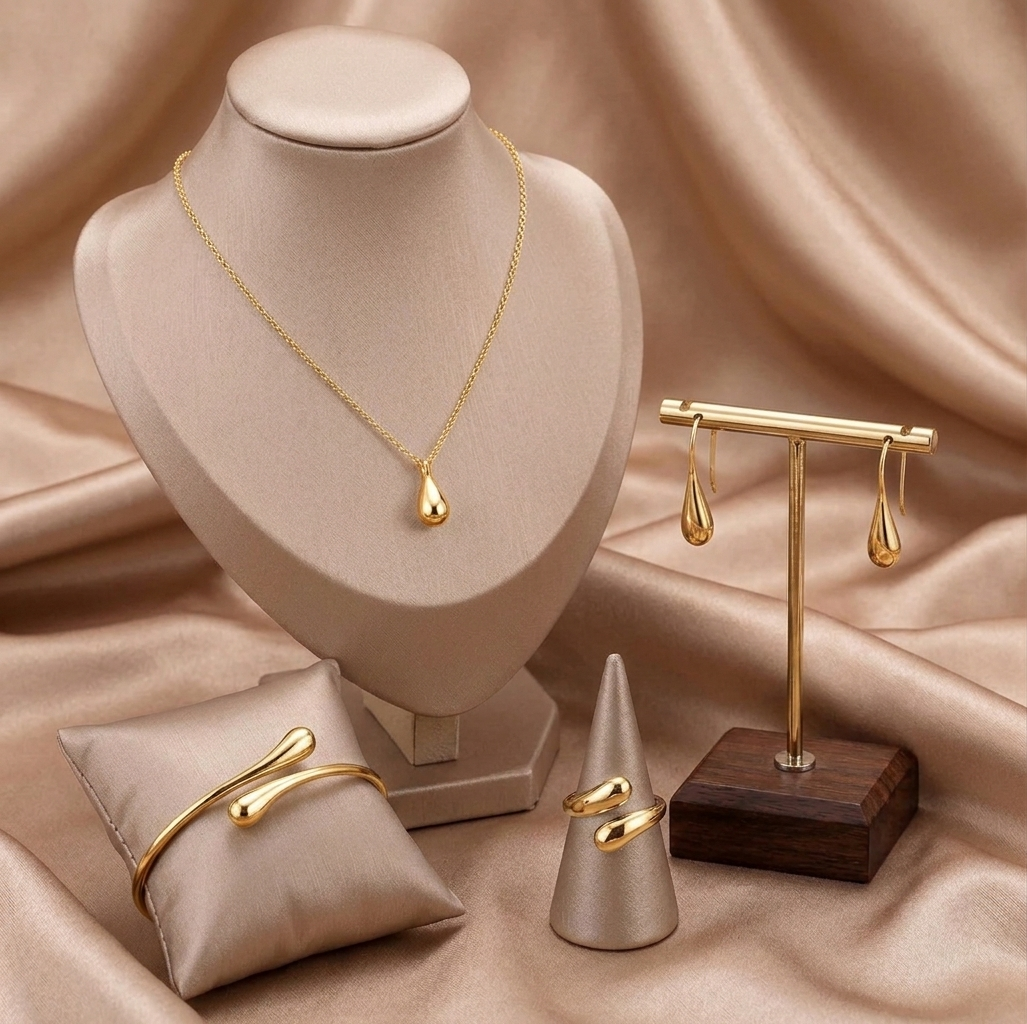 4PC Simple Ring Necklace Bracelet Earrings Four-piece Set Suitable for Engagement Jewelry Fashion Teardrop Jewelry Set for Women