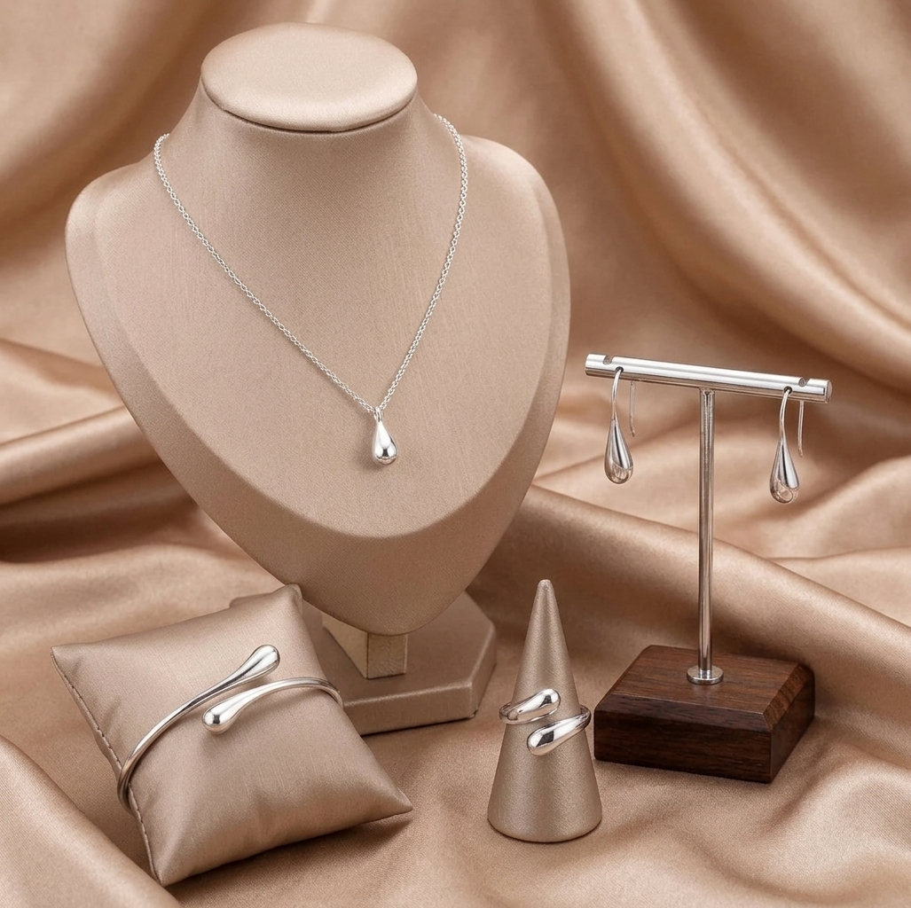 4PC Simple Ring Necklace Bracelet Earrings Four-piece Set Suitable for Engagement Jewelry Fashion Teardrop Jewelry Set for Women