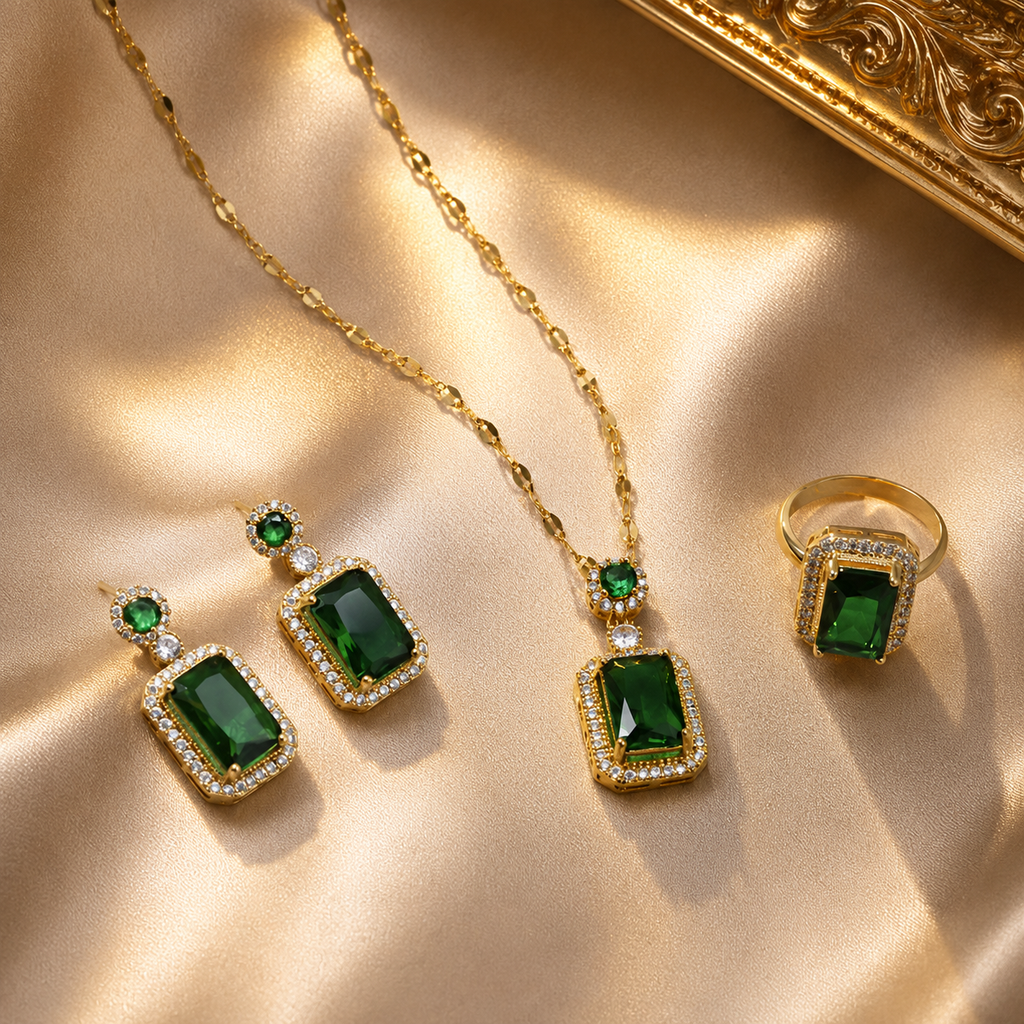 4PCS Sets Exquisite Quadrate Rhinestone Necklace Earrings Ring Jewelry Set Charm Ladies Jewelry Fashion Bridal Gifts