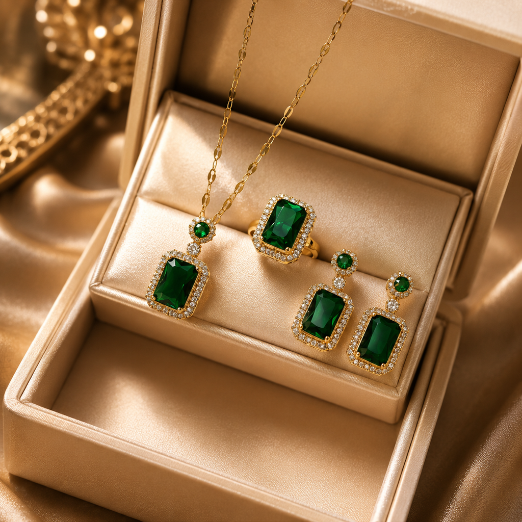 4PCS Sets Exquisite Quadrate Rhinestone Necklace Earrings Ring Jewelry Set Charm Ladies Jewelry Fashion Bridal Gifts