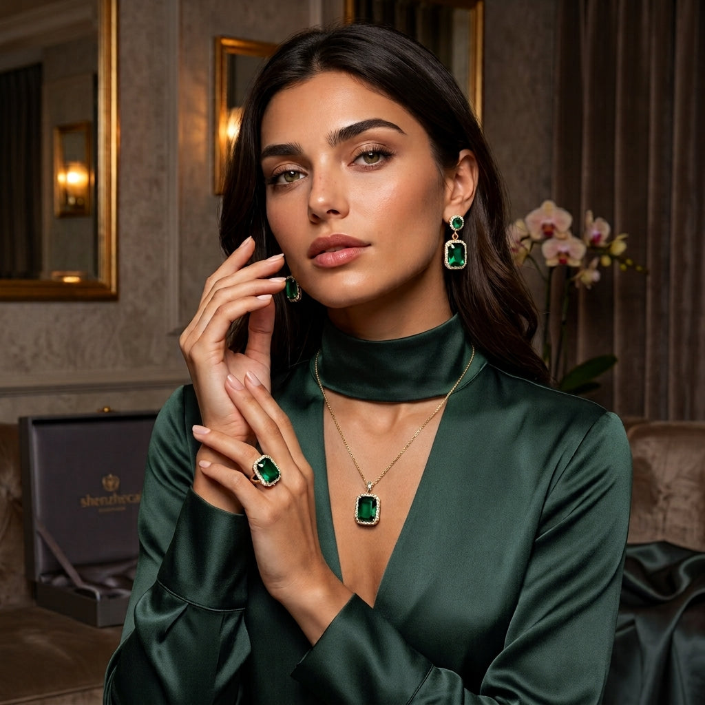 Green Rhinestone Necklace, Earrings & Ring Set