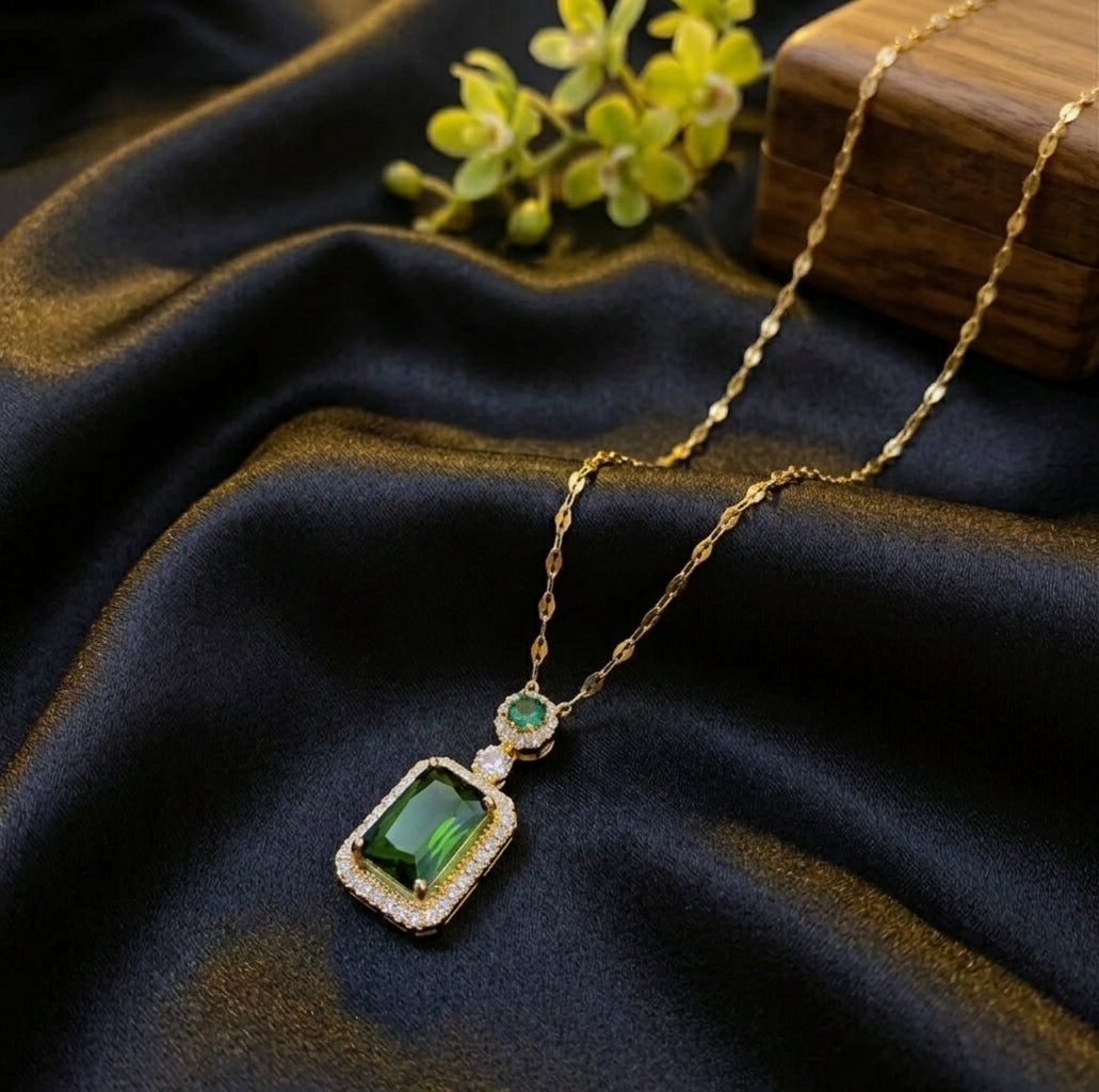 Green Rhinestone Necklace, Earrings & Ring Set