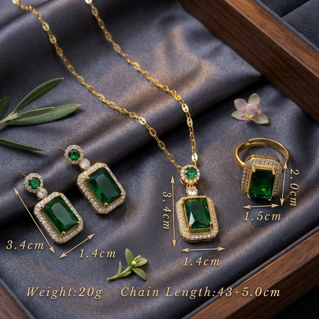 Green Rhinestone Necklace, Earrings & Ring Set