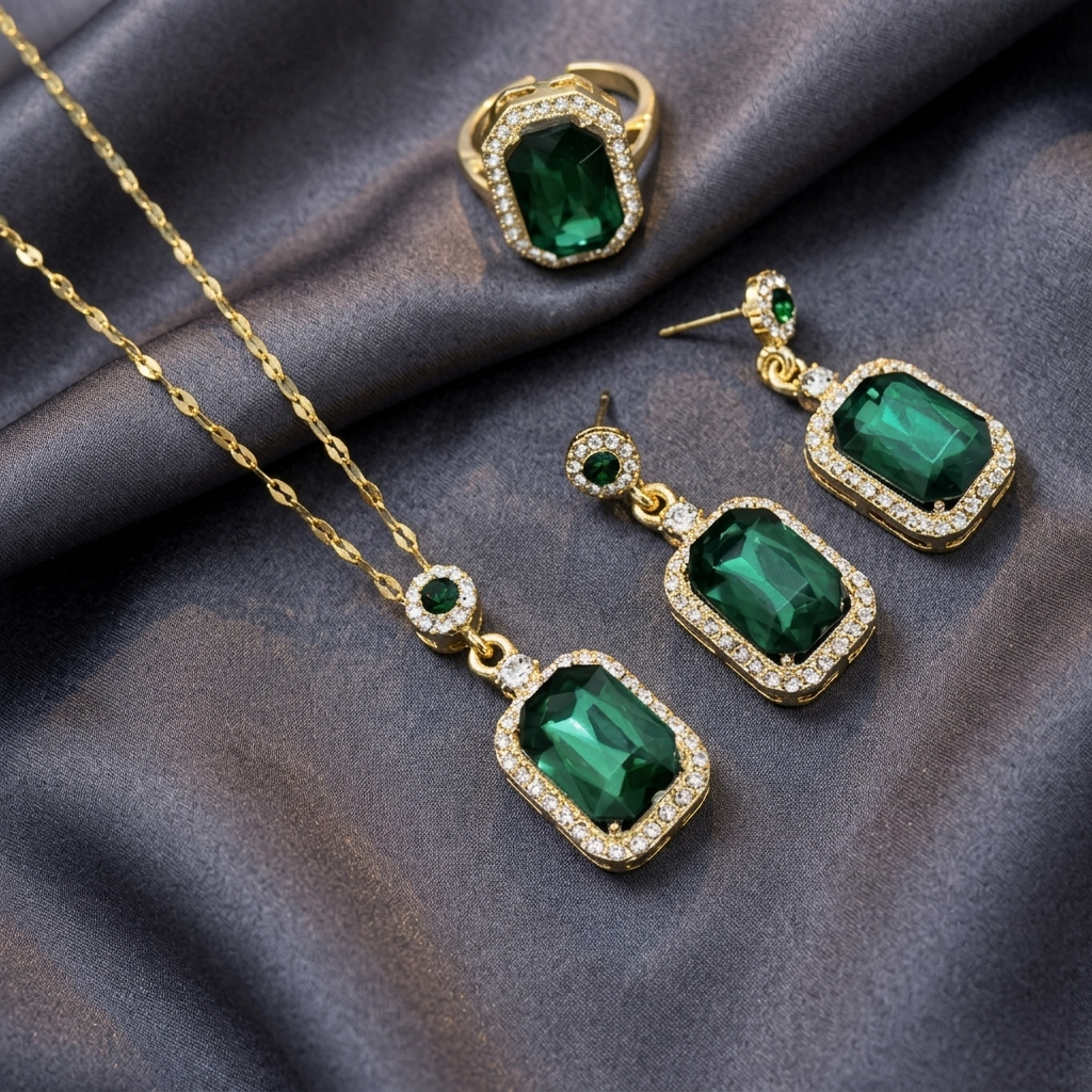 Green Rhinestone Necklace, Earrings & Ring Set