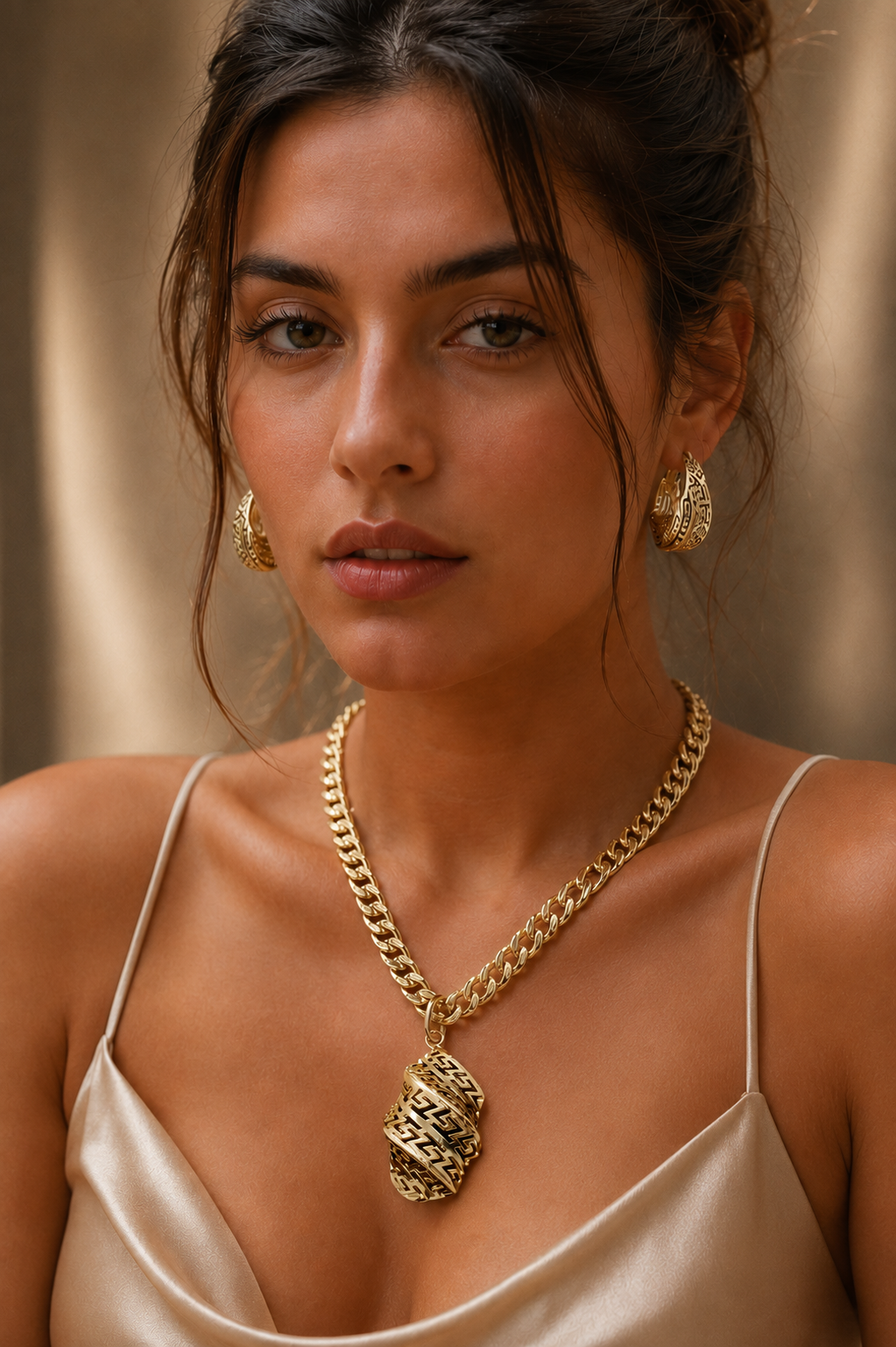 Gold Hollow Pendant Necklace & Earrings Set
